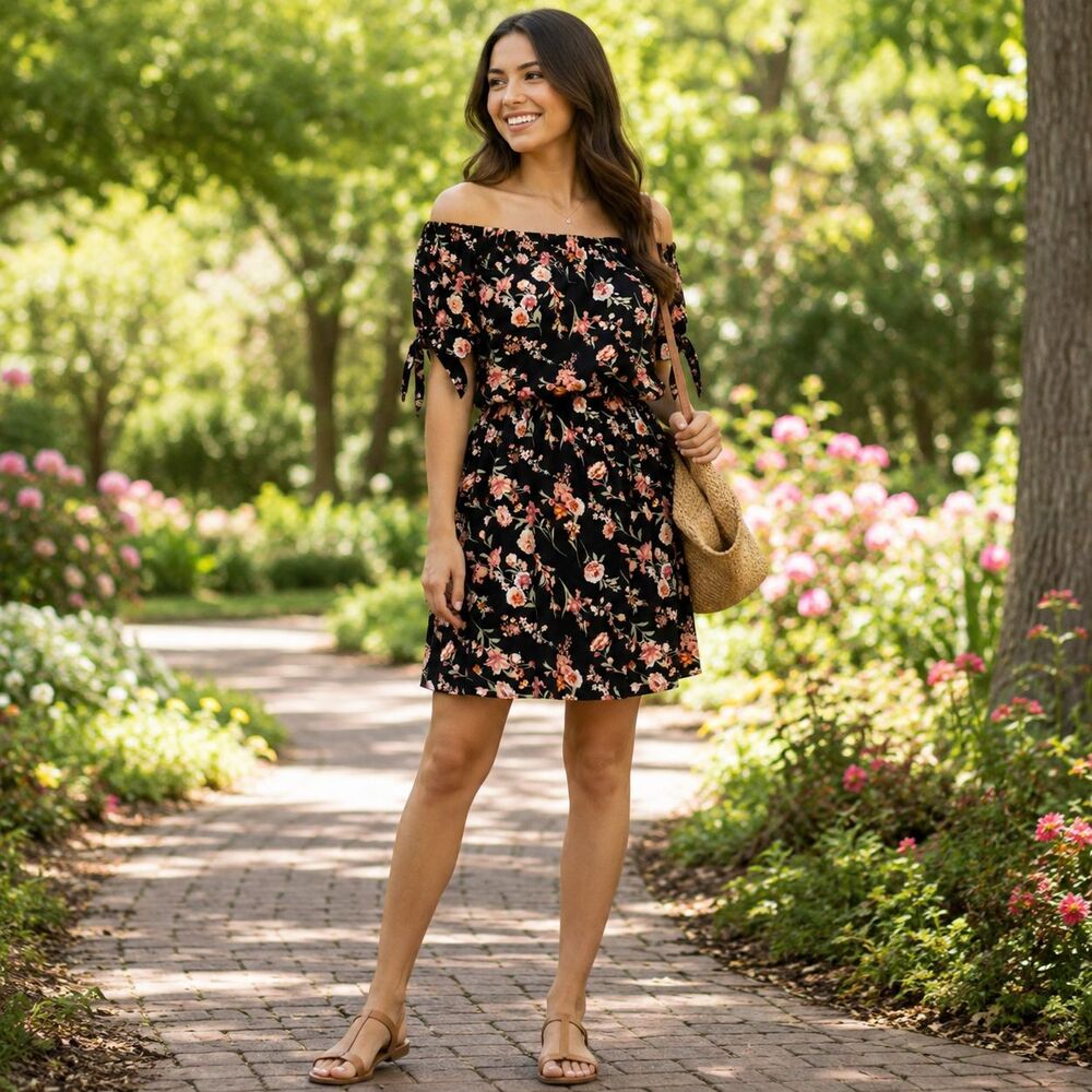 Off Shoulder Floral Dress Black Tie Sleeve Skater Juniors M 7-9 No Boundaries